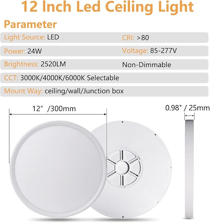 6PK 12 Inch LED Flush Mount Ceiling Light, 24W, 2520LM, 3000K/4000K/6000K CCT Selectable Super Slim LED Ceiling Light, Close to Ceiling Round Flat Panel Light for Hallway, Bedroom,Kitchen ect