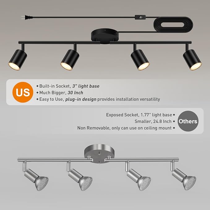 Plug in Track Lighting LED, Track Lighting Fixtures Ceiling, Black 4-Light Kitchen Light Kit, Plug in Wall Light with 14.8ft Power Cord, Rotatable Ceiling Spotlight for Bedroom(GU10 Socket, NO Bulb)