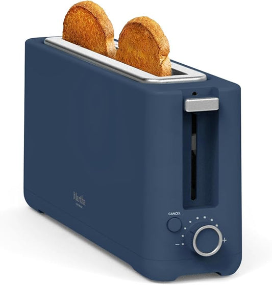 Martha Stewart 2 Slice Long Slot Toaster, Extra Wide for Sourdough & Bagels, 10 Setting Shade Control, Removable Crumb Tray, Self-Centering Design, Defrost/Reheat, Cancel, Slim Space-Saving, Indigo