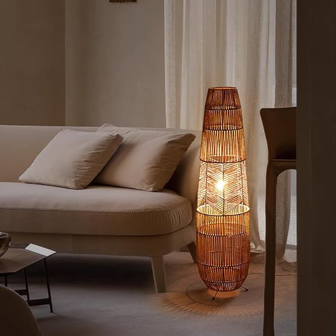 MIXL-Rope-Weaving Floor Lamp with Foot Switches,Dimmable Led Boho Floor Lamps,Minimalist Reading Lamp Floor Standing,Bohemian Style Standing Lamps for Bedroom Study and Living Room