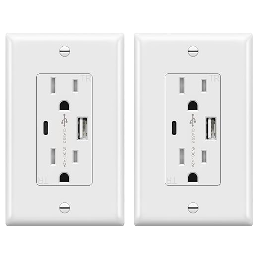 TOPGREENER USB Outlet, 4.2A Type C USB Wall Outlet, 15 Amp Tamper Resistant Receptacle Plug, Charging Power Outlet with USB Ports, Wall Plate Included, UL Listed, TU21536AC-W-2PCS, White, 2 Pack