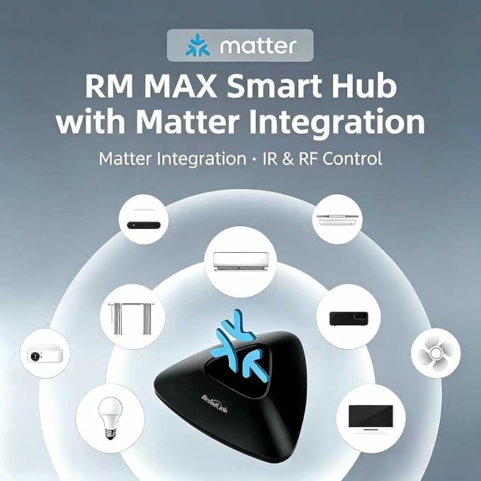 Broadlink RM Max Smart Remote Matter Compatibility Universal Remote RF IR Blaster Support Alexa/Google/Apple Home, BLE/WiFi Smart Home Hub for TV & AC, Adapter & Sensor Cable Included