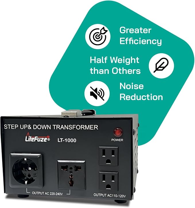LiteFuze LT Series 1000 Watt Voltage Converter Transformer Step Up/Down - 110v to 220v / 220v to 110v Power Converter - Fully Grounded Cord - Universal Socket, CE Certified