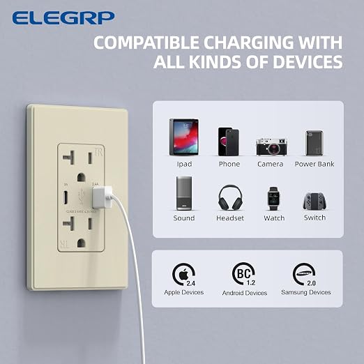 ELEGRP USB A & USB C Wall Outlet, 20 Amp Duplex Tamper Resistant Receptacle Plug NEMA 5-20R, Wall Plate Included, UL Listed, 10 Pack, Matte Light Almond