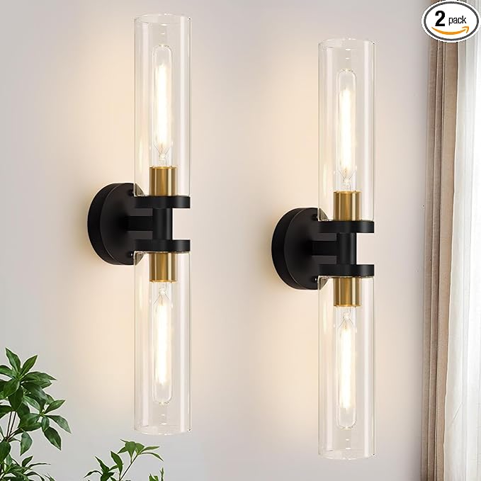 Indoi Hardwired Wall Sconces Set of Two, 22" Black and Gold Bathroom Sconces with Clear Glass, Modern Sconces Wall Decor Set of 2 Wall Light fixtures for Bathroom Mirror Living Room Hallway Bedroom