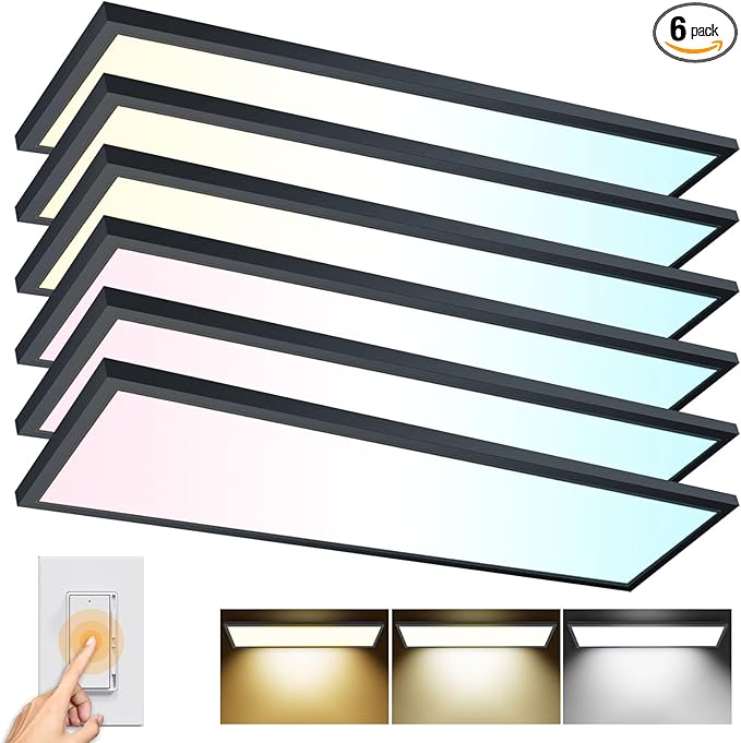 AIKVSXER 6PACK 1x4 LED Flat Panel Light Surface Mount LED Ceiling Light, 5500LM 50W TRIAC 10-100% Dimmable, 3000/4000/5000k AC120V Kitchen Lights Ceiling Flush Mount for Garage/Basement Black