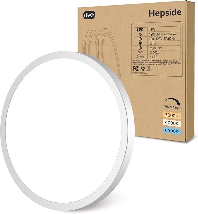 hepside 1PACK Flush Mount LED Ceiling Light Fixture White, 6.5Inch 12Watt, Dimmable & 3000K-4000K-6500K Ceiling Lamp 1200LM Low Profile Ceiling Light for Kitchen Bedroom Hallway Porch