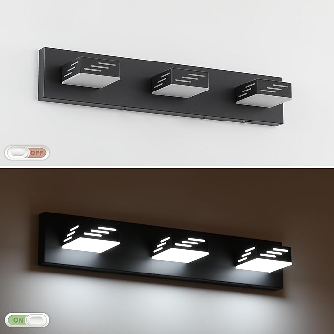Joosenhouse Modern Black LED Vanity Light for Bathroom, 3-Light Makeup Mirror Light, 24W 6000K Cool White Lighting Fixture