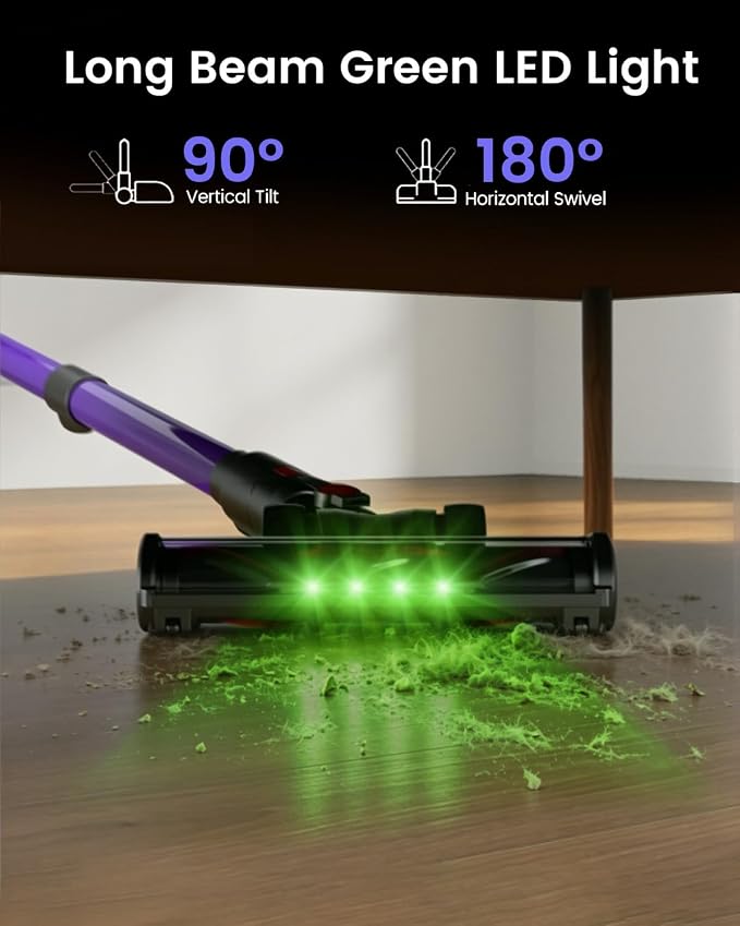 Cordless Vacuum Cleaner, 120Mins Runtime with 2 Batteries, 500W 40KPa Vacuum Cleaners for Home, Green Light Anti-Tangle Brush & Wall Mount Charging, Lightweight for Pet Hair Carpet Hard Floors
