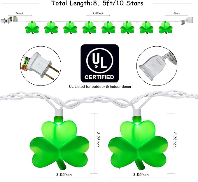 St Patrick's Day Shamrock Lights Plug in, 8.5Ft Outdoor Shamrock St Patrick's Day Decorations Lights Waterproof with 10 LED Green Clover Light UL Listed for Home Window Irish Party Garden Birthday
