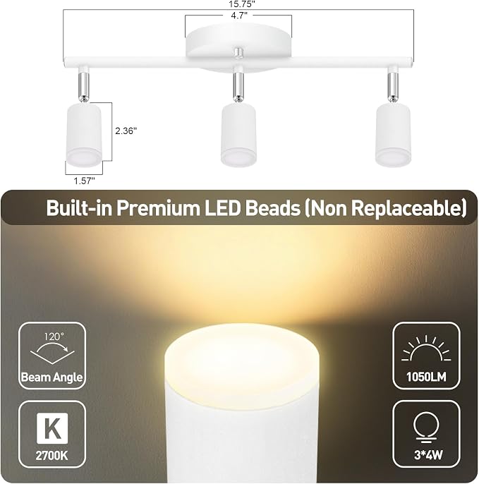 AUQUEE 3 Light Track Lighting Fixtures Ceiling, 12W/2700K White Track Lighting with Acrylic Lampshade & Rotatable Light Heads, 20000hrs Lifespan, Modern LED Track Lights Ceiling for Kitchen/Hallyway