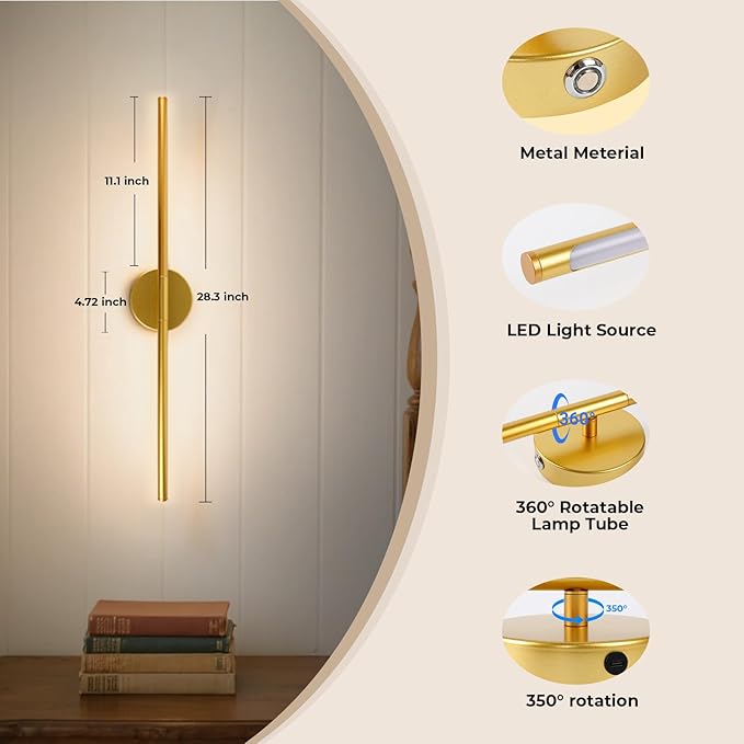 GvvooHome 1 Pack Battery Operated Wall Sconce Detachable 360°Rotate, Wireless Wall Light 3000-6500K Dimmable, 10000mAh Rechargeable Wall Lamp for Bedroom, Living Room，28.3 Inch Gold