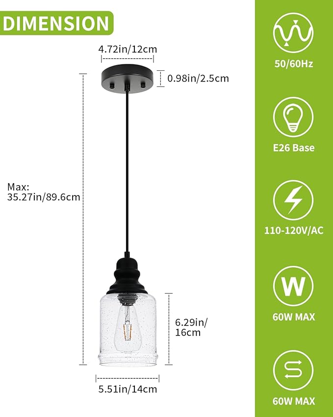 WILON Modern Glass Pendant Lights for Kitchen Island, 6.29" Mini Pandent Light Fixture with Seeded Glass Shade Black Farmhouse Pendant Lights E26 Base Hanging Kitchen Lights for Sink Dining Room