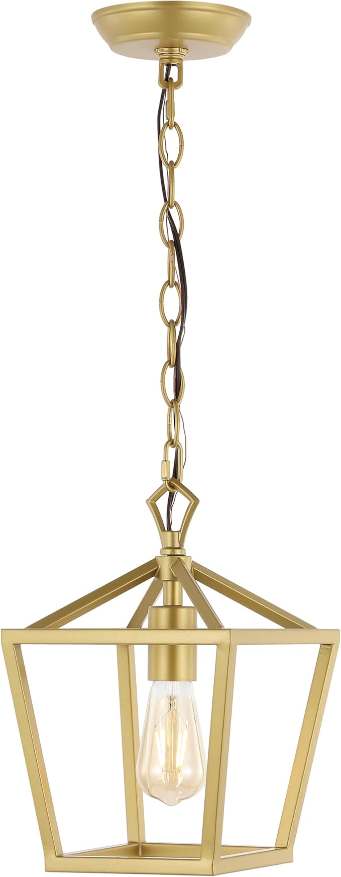 JONATHAN Y 8" Gold Painting Lantern Pendant Light, 1-Light Pagoda Style Metal Cage Farmhouse Hanging Ceiling Fixture for Kitchen Island, LED Bulb Included (JYL7618B)