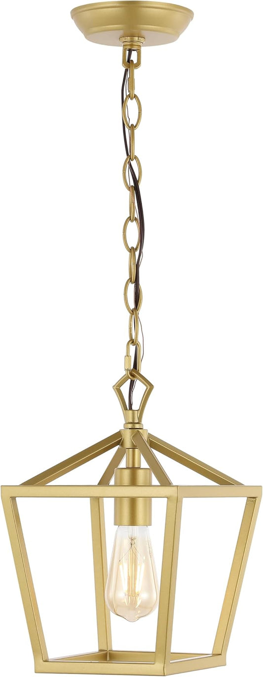 JONATHAN Y 8" Gold Painting Lantern Pendant Light, 1-Light Pagoda Style Metal Cage Farmhouse Hanging Ceiling Fixture for Kitchen Island, LED Bulb Included (JYL7618B)