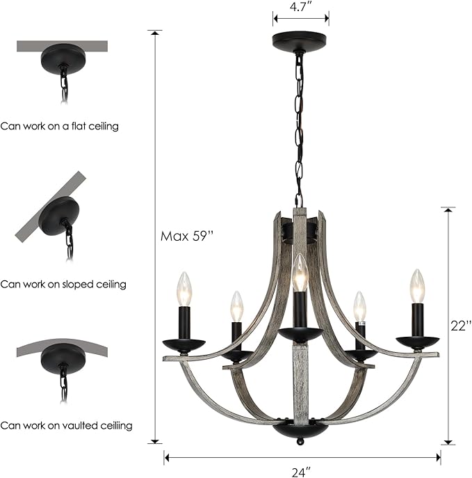 LAMPKEDUO Rustic Farmhouse Chandeliers for Dining Room, 5-Light 24 inch Faux Wood Texture Hanging Light Fixture, Candle Style Chandelier for Living Room Kitchen Island Foyer Entryway