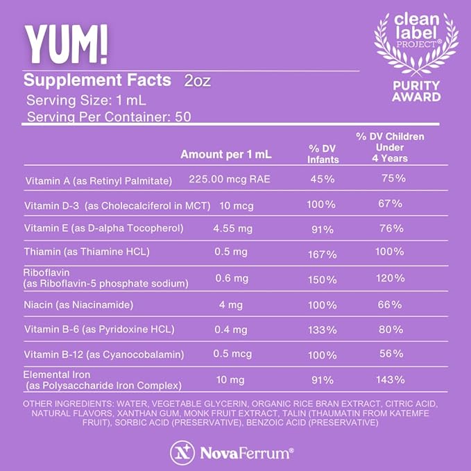 NovaFerrum Yum | Multivitamin with Iron for Infants, Toddlers & Kids Ages 4 & Under | Immune Support | Gluten Free Certified | Sugar Free | Raspberry Grape | 50 Servings
