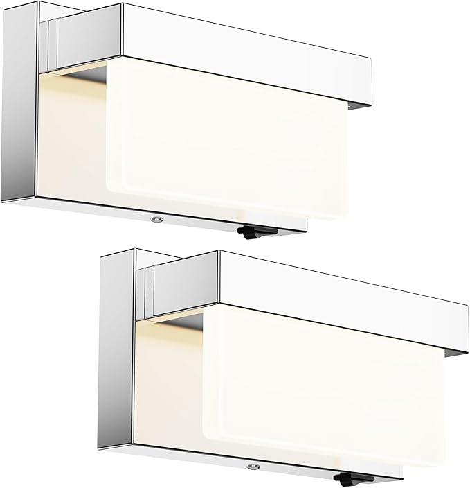 Switched LED Wall Sconce Set of 2, Indoor 8 inch 12 Watt 4000K Wired Chrome Wall Mounted Sconce Light with On/Off Switch, Frosted Arcylic Shade Sconces for Bedroom Living Room Bathroom Kitchen Hallway