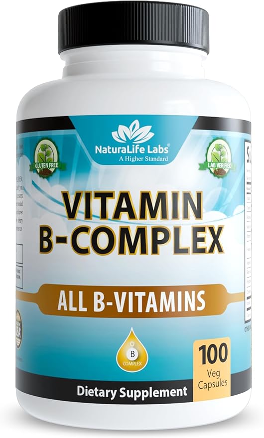 Complexe de Vitamines B avec Vitamine C de NaturaLife Labs – Contient des Vitamines B Actives B2 (Riboflavine-5-Phosphate), B6 (Pyridoxal-5-Phosphate), B9 (5-MTHF) et B12 (Méthylcobalamine) ; ainsi que B1, B3, B5 et B7 – 100 Gélules