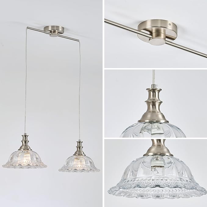 HDDFL 2 Light Pendant Light Fixtures Modern Glass Hanging Lights with Adjustable Cord for Kitchen Island Dining Room Living Room Hallway Brushed Nickel Metal