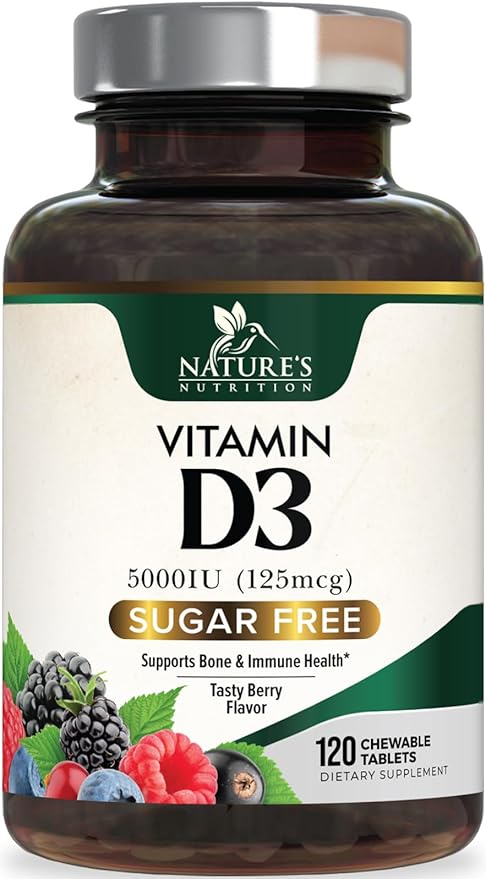 Vitamine D3 5000 UI (125 mcg) Vitamine D extra forte Nature's - Comprimés à croquer pour le soutien immunitaire, les os, les dents et les muscles - Sans sucre, sans OGM, sans gluten - 120 comprimés