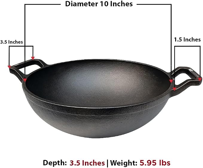 LIVEVIE Cast Iron Deep Kadai Wok with Dual Handles, Heavy-Duty Cooking Pot for Deep Frying, Stir-Frying, Curries – Gas, Grill & Open Flame Compatible, 10 Inch