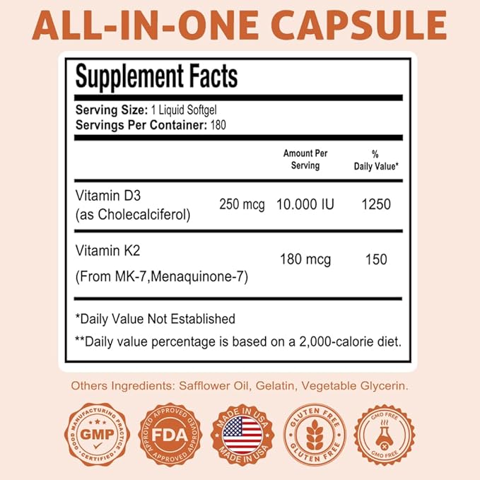 Health Dose Vitamin D3 10,000 IU + K2 (MK7) Supplement, 2-in-1 Formula, Immune Support, a Healthy Mood, Heart, Joint, Teeth, Bone Health, Calcium Absorption, 180 softgels. (1)