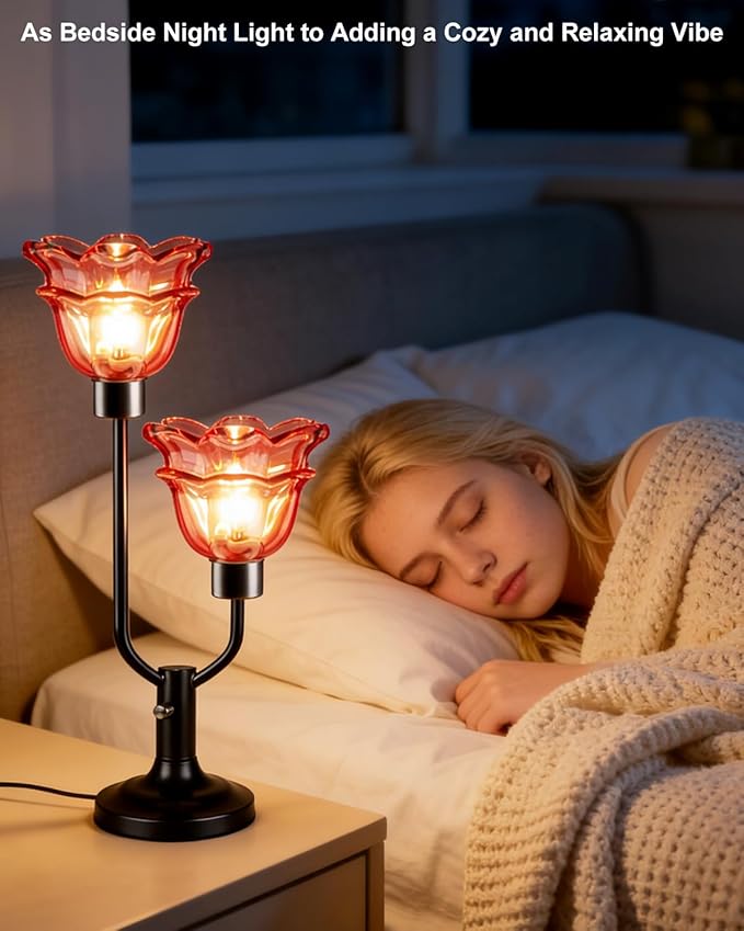 Lightdot Mid Century Modern Flower Table Lamp Dimmable Nightstand Lamp Red Glass Vintage Black Desk Lamp 2 Bulbs Included Warmwhite Ambient Bedside Lamps for Living Room Bedroom Home Office Decor Gift