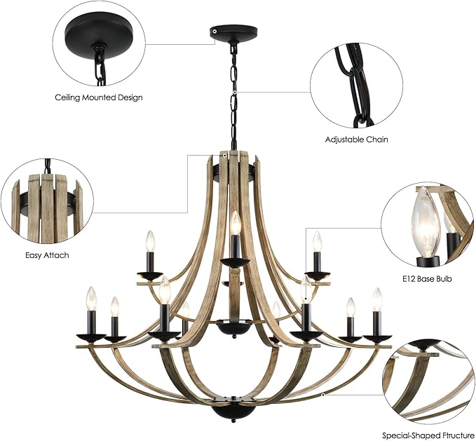 LAMPKEDUO Farmhouse Chandeliers for Dining Room Light Fixture, 2 Tier 12-Light 41" Adjustable Height Retro Faux Wood Texture Rustic Light Fixtures for Living Room Bedroom Kitchen Island Foyer Entryway