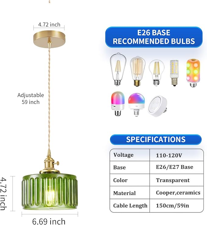 WimiSom 2 Pack Industrial Pendant Lighting, Modern Green Glass Shade Farmhouse Adjustable Hanging Light Fixtures for Kitchen Island Living Room Bedroom Hallway, Green