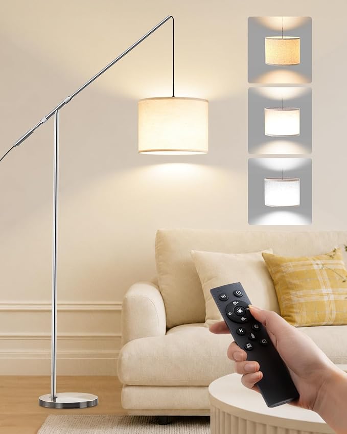 Arc Floor Lamp for Living Room, Dimmable Standing Lamp with Remote, Brightness & Color Temp Adjustable, Height Adjustable Arched Reading Light with LED Bulb, Black Tall Pole Lamp for Bedroom, Office