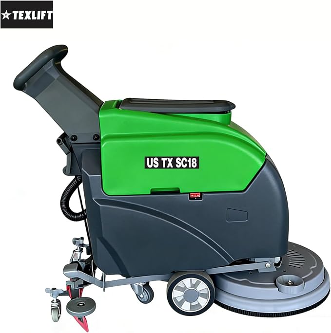 Walk-Behind Commercial Floor Scrubber Machine, 18″ Cleaning Width, Battery Powered Scrubber Dryer with 13 Gal Tanks for Warehouse, Retail & Facility Cleaning (US-TX-SC18)