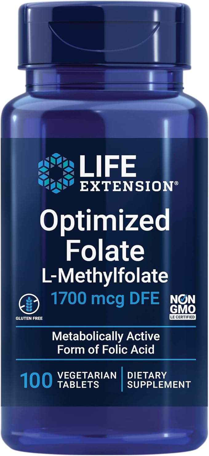 Life Extension Optimized Folate Comprimés de soutien cardiaque et cérébral et Vitamine D3 Gélules pour la santé des os, du cerveau et du système immunitaire - 100 comprimés, 60 gélules