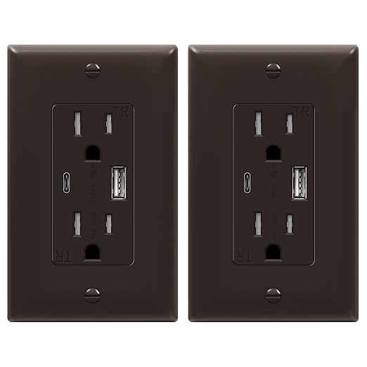 TOPGREENER 2-Port USB Outlet, 4.2A Type C USB Wall Outlet, 15 Amp TR Receptacle Plug, Charging Power Outlet with USB Ports, Wall Plate Included, UL Listed, TU21536AC-BR-2PCS, Brown, 2 Pack