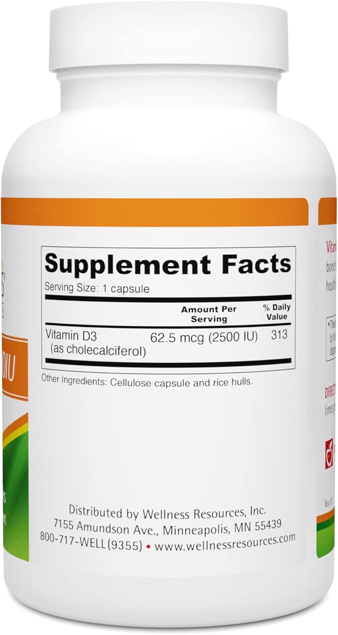 Wellness Resources Vitamine D - 2 500 UI de vitamine D3 sans soja (180 gélules végétales)