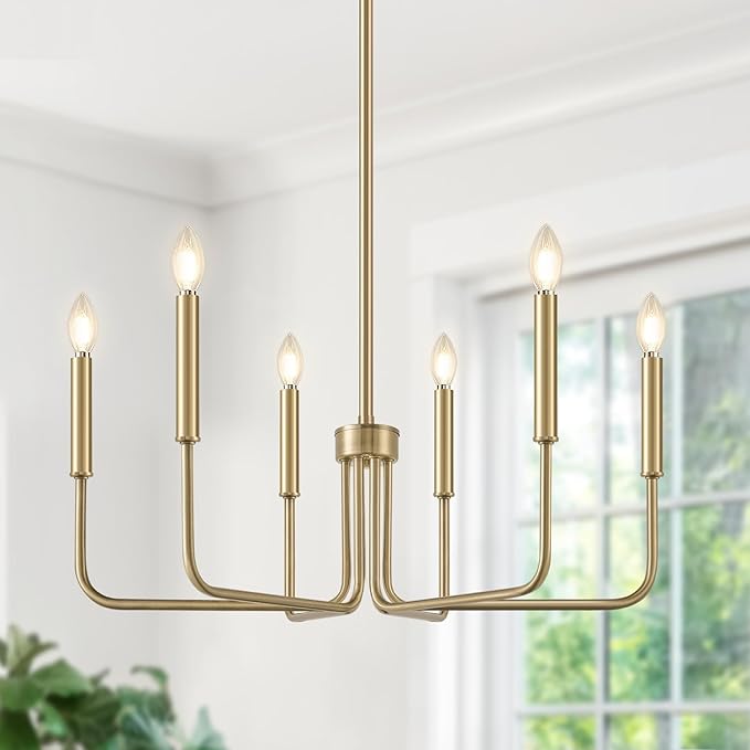 Lynnoland Brass Chandelier, 6-Light Farmhouse Chandeliers for Dining Room Lighting Fixtures Hanging, Vintage Candle Pendant Light Light Fixture for Bedroom, Kitchen, Foyer and Living Room