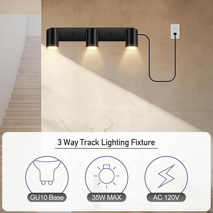 BoostArea LED Track Lighting Ceiling Fixtures, Black 3-Light Plug in Track Lights for Kitchen, 3 Way Ceiling Spotlight, 15 FT Cord,Flexibly Rotatable Wall Mount Light Head for Bedroom Hallway