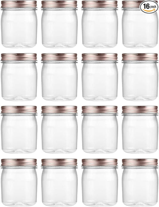 novelinks 8 oz Clear Plastic Jars with Airtight Lids, 16 Pack Plastic Mason Jars with Lids 8oz, Refillable Storage Slime Containers & Small Spice Jar for Kitchen Organization (16 Pack,Rose Gold)