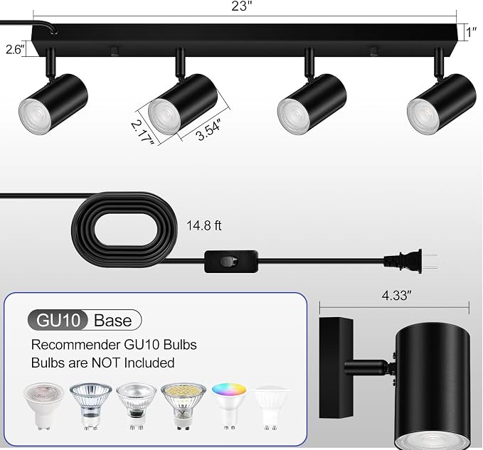 BoostArea Plug in Track Lighting, LED Track Light Kit, Black 4-Light Track Lights for Kitchen, 15 FT Cord,23" Ceiling Spotlight, Rotatable Wall Mount Light Head for Bedroom Hallway Living Room
