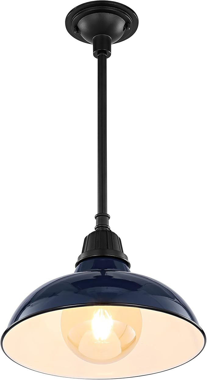 JONATHAN Y 12.25" Navy/Black 1-Light Farmhouse Indoor/Outdoor LED Pendant Iron Hanging Light, and Black Metal Shade, Rustic Ceiling Lamp for Kitchen Island, LED Bulb Included (JYL7611C)