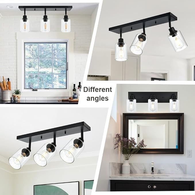 3 Light Metal Bathroom Lighting in Black Finish Interior Wall Mounted Lights Multi-Directional Rotating Metal Ceiling Mount Fixture with Clear Glass Industrial Spotlight for Kitchen Foyer