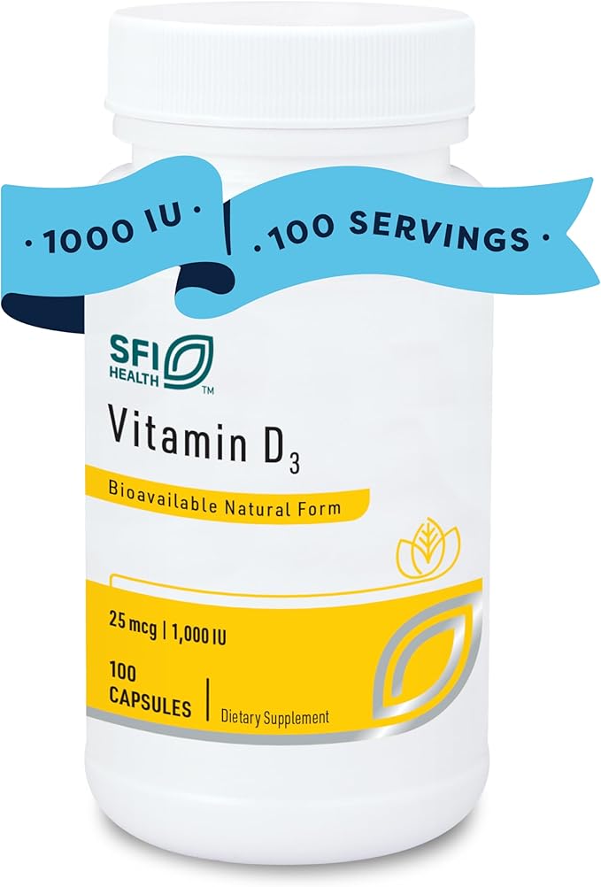 Klaire Labs SFI Health Vitamin D3 1000 IU - High Potency 25 Micrograms, Hypoallergenic Bone & Immune Support (100 Capsules)