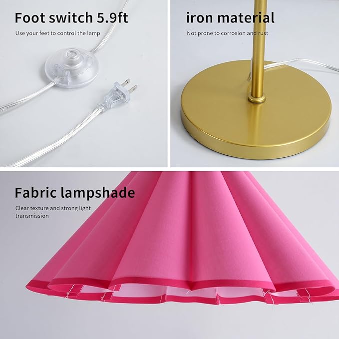 Floor Lamp with Pleated Linen Lampshade, Modern Flower Floor Lamp for Living Room Arc Standing Lamp, Gold Tall Lamp for Bedroom Office Dining Room, Bulb Included (Gold + Pink Color, 66.1IN)