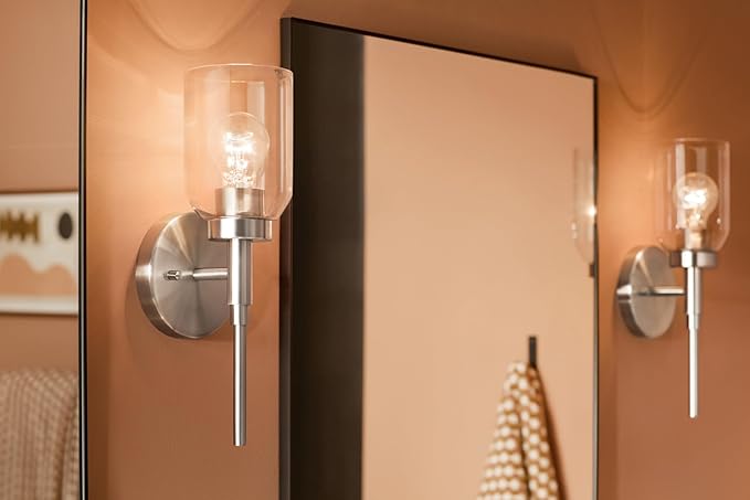 Kichler Madden 1-Light Bathroom Wall Sconce with Clear Glass in Brushed Nickel, Modern Vanity Light Fixture for Bathroom or Hallway, Sloped Ceiling Compatible (14.75" x 5"), 55183NI