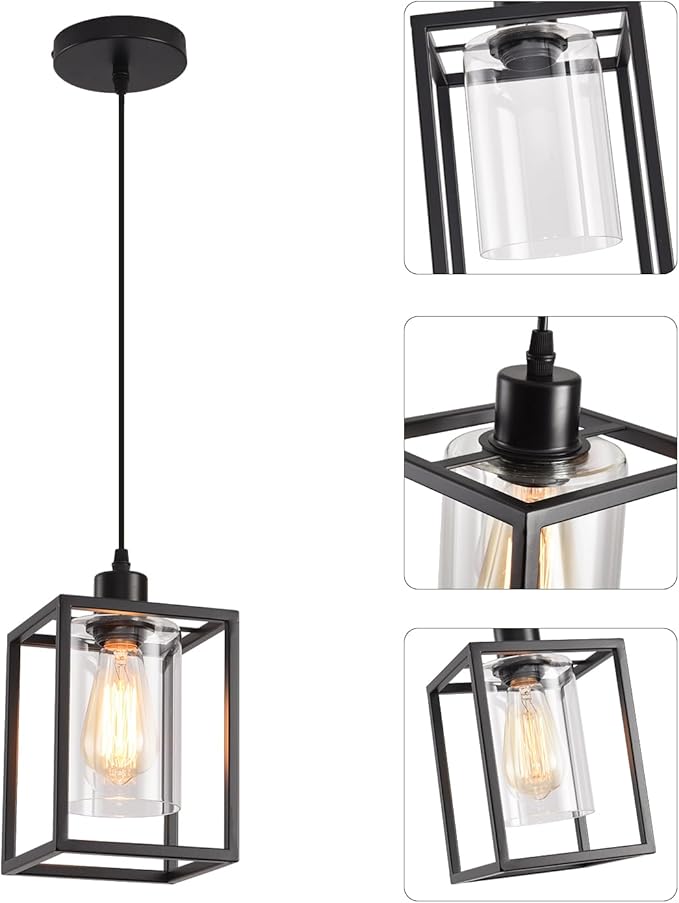 Black Pendant Lights for Kitchen Island Industrial Lantern Pendant Light Fixtures with Clear Glass Shade, Farmhouse Adjustable Height Hanging Pendant Lighting