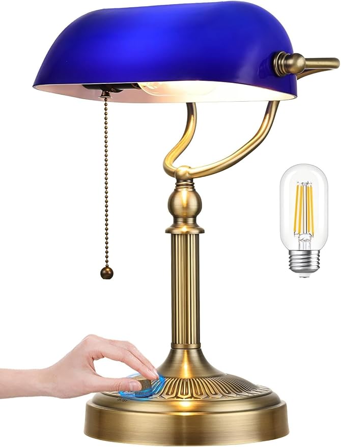 Blue Glass Bankers Desk Lamp, Stepless Dimmable Table Lamp Plug in Fixture for Study, Home Office, LED Bulb Included
