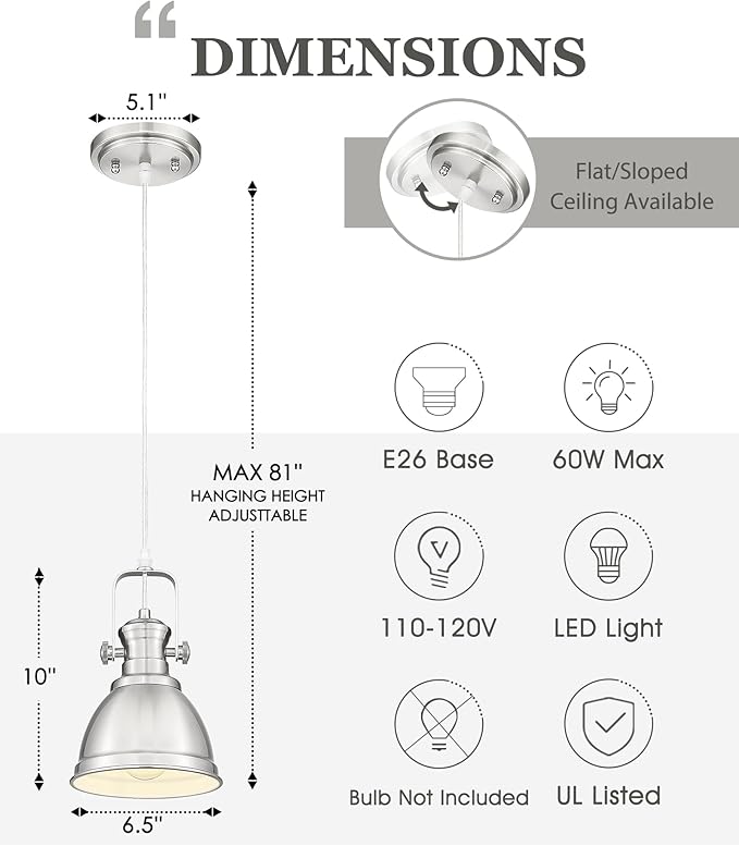 2 Pack Pendant Lights Kitchen Island, Farmhouse Hanging Lights Fixtures with Metal Shade, Rustic Kitchen Pendant Lighting Over Island for Dining Room, Brushed Nickel, AD-2151-1P2-SN