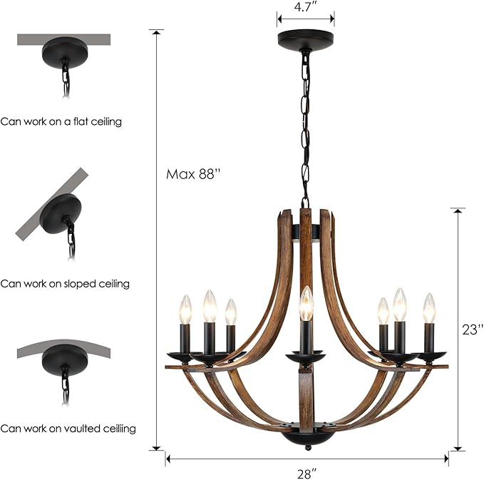 LAMPKEDUO Rustic Farmhouse Dining Room Chandelier Light Fixture, 8-Light 28" Adjustable Chandelier for Kitchen Island, Living Room, Foyer, Staircase, Restaurant, Showroom, Villa, Faux Walnut