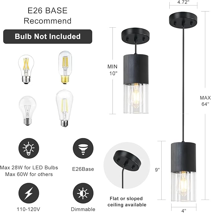 2-Pack Black Pendant Light Fixtures, Adjustable Modern Pendant Lights for Kitchen Island, Industrial Clear Glass Pendant Lights for Dining Table Hallway Bedroom Living Room