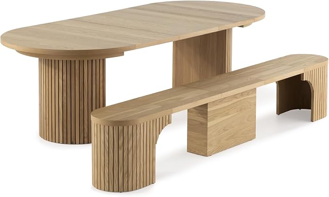 Transformer Table - Solid Wood Extendable Round Dining Table Set with Bench, Expandable Round Dining Set, Seats 4-10, Seat with Hidden Panel Storage, Natural (Table + Bench)